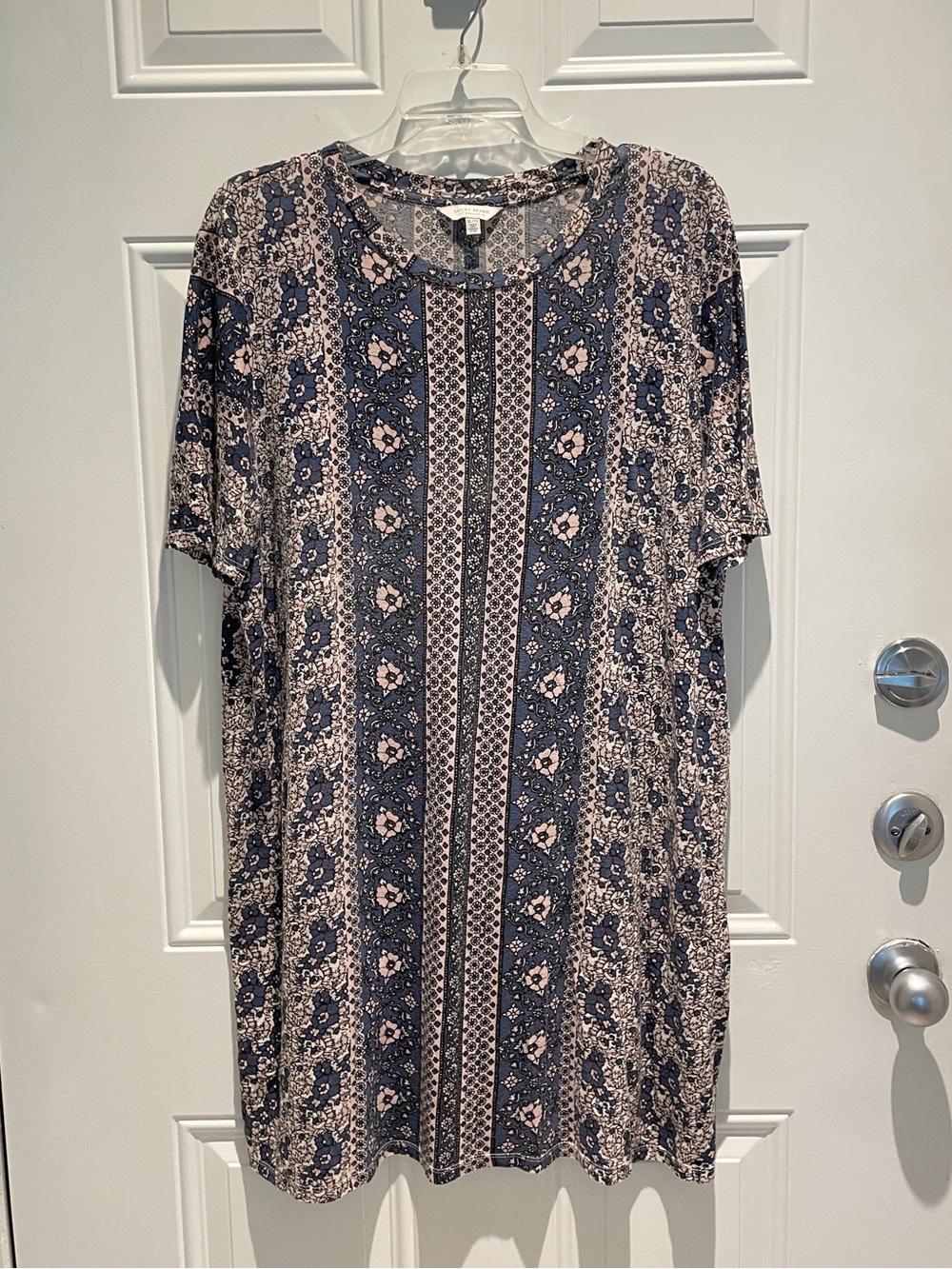 Lucky Brand Rustic Floral Pink Blue Short Sleeve Shift T-Shirt Dress Size XL